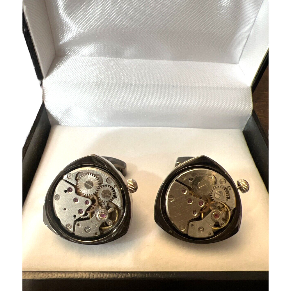 Mens Mechanical Watch Gear Moving Cufflinks High End Steampunk Modern Silver Blk